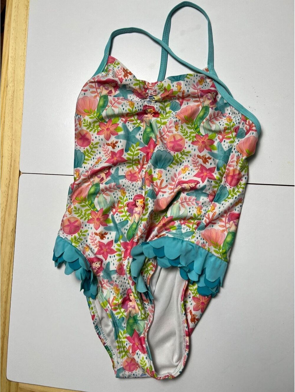 Disney Ariel Little Mermaid One Piece Swimsuit Girls 7/8 Scallop Trim